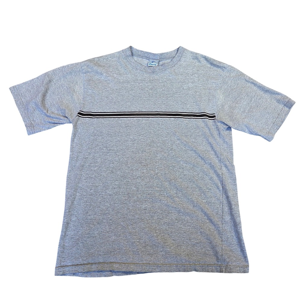 Vintage Utility Mens Heather Gray Striped T-Shirt Y2k 2000s Made in USA Size L